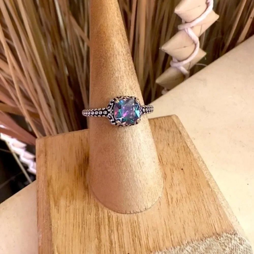 Sterling Silver Celtic Rainbow Topaz Cushion CZ Ring